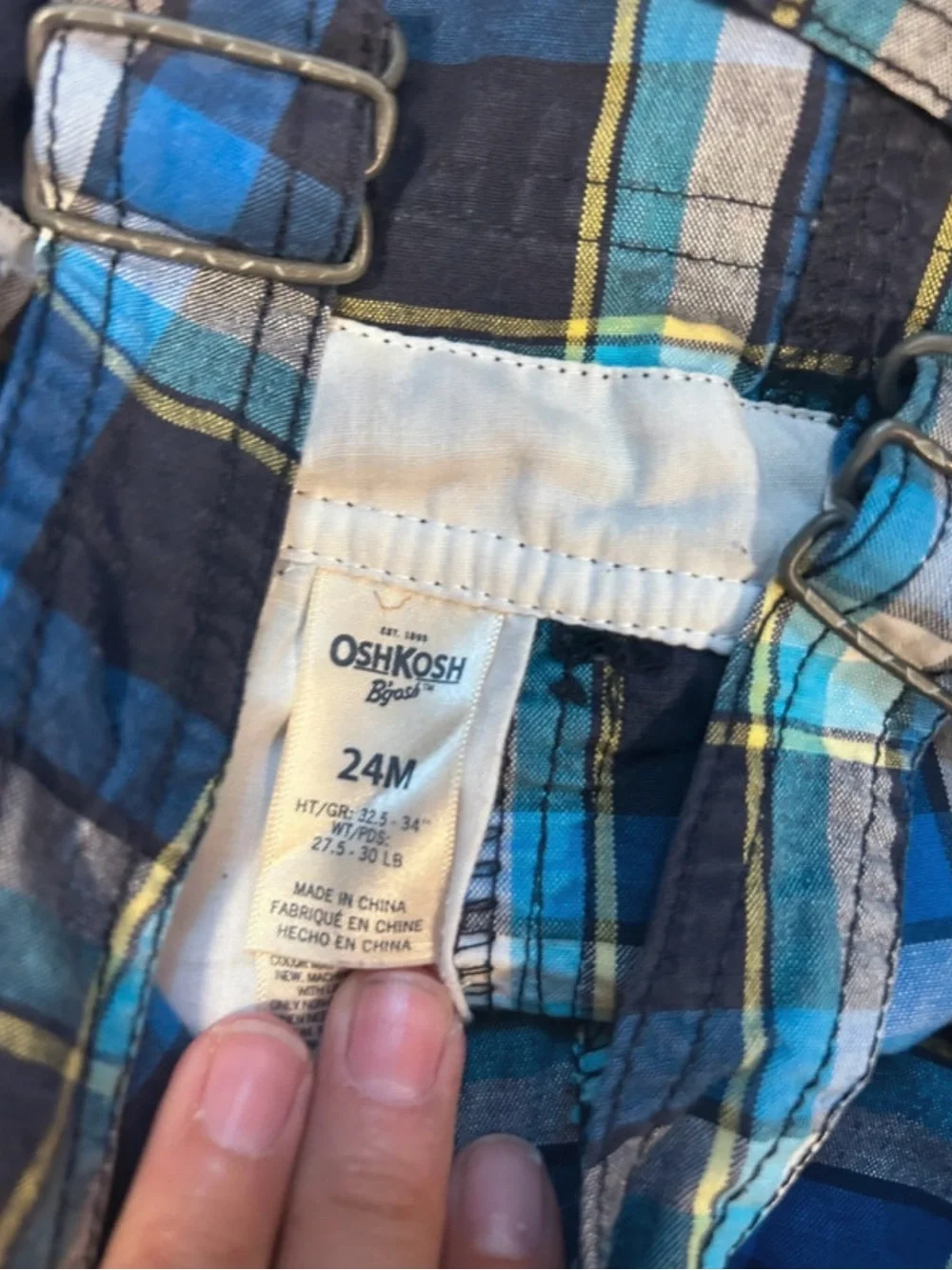 OshKosh B'gosh Blue Plaid Short Overalls with Yellow Accentsf